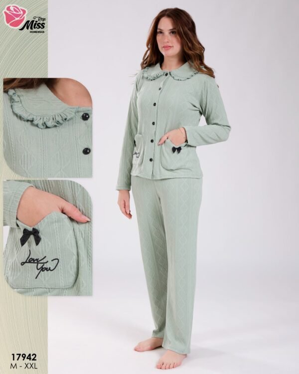 Rose Miss Pyjama jacquard col claudine – Réf 17942 – Vert d'eau