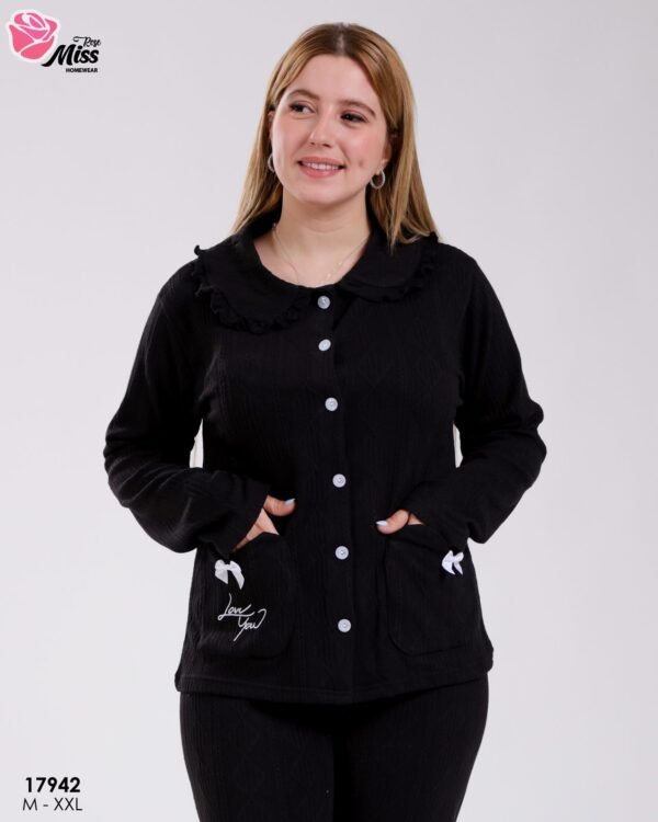 Rose Miss Pyjama jacquard col claudine – Réf 17942 – Noir