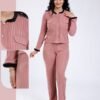 Rose Miss Pyjama côtelé boutonné bord fourrure – Réf 17944 – Vieux rose