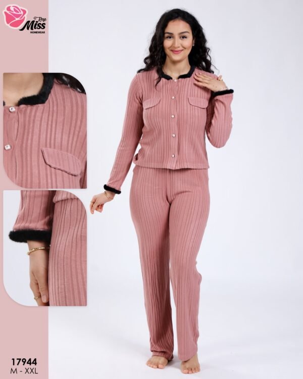 Rose Miss Pyjama côtelé boutonné bord fourrure – Réf 17944 – Vieux rose