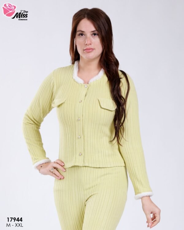 Rose Miss Pyjama côtelé boutonné bord fourrure – Réf 17944 – Vert anis