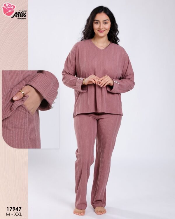 Rose Miss Ensemble côtelé col V – Réf 17947 – Vieux rose
