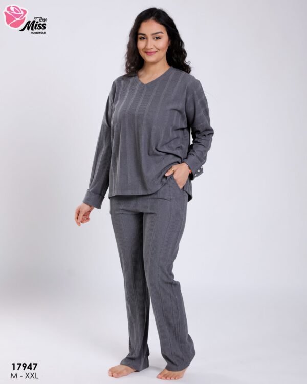 Rose Miss Ensemble côtelé col V – Réf 17947 – Gris anthracite