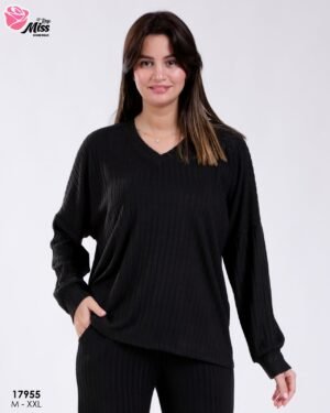 Rose Miss Ensemble côtelé col V ample – Réf 17955 – Noir