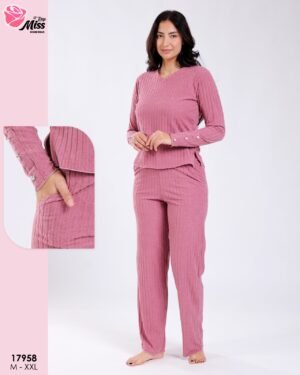 Rose Miss Ensemble côtelé col V – Réf 17958 – Rose