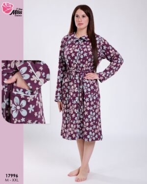 Rose Miss Robe de chambre boutonnée fleurie – Réf 17996 – Prune fleuri
