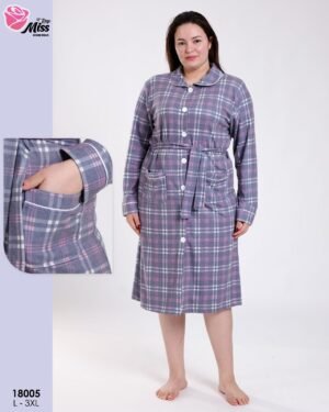 Rose Miss Robe de chambre boutonnée à carreaux – Réf 18005 – Gris lilas