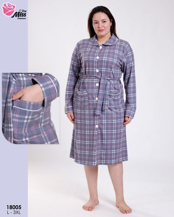 Rose Miss Robe de chambre boutonnée à carreaux – Réf 18005 – Gris lilas