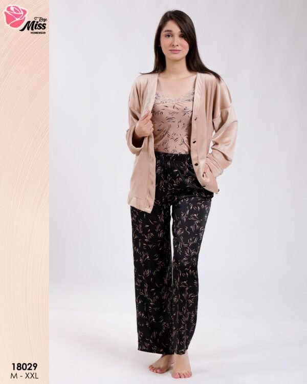 Rose Miss Pyjama 3 pièces caraco et veste velours – Réf 18029 – Camel et noir