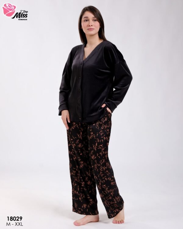Rose Miss Pyjama 3 pièces caraco et veste velours – Réf 18029 – Noir