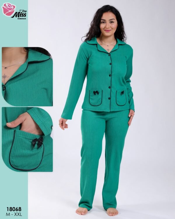 Rose Miss Pyjama chemise gaufré nœuds – Réf 18068 – Vert émeraude