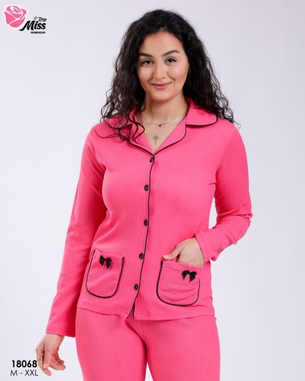 Rose Miss Pyjama chemise gaufré nœuds – Réf 18068 – Rose vif