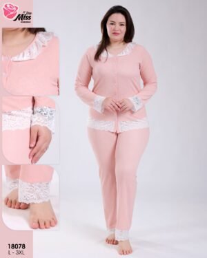 Rose Miss Pyjama côtelé boutonné dentelle – Réf 18078 – Pêche