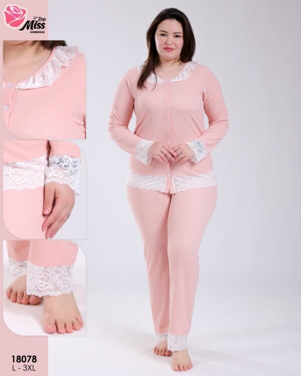 Rose Miss Pyjama côtelé boutonné dentelle – Réf 18078 – Pêche
