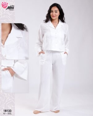 Rose Miss Ensemble chemise brodée et pantalon large – Réf 18133 – Blanc