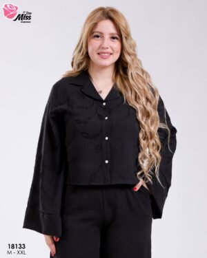 Rose Miss Ensemble chemise brodée et pantalon large – Réf 18133 – Noir