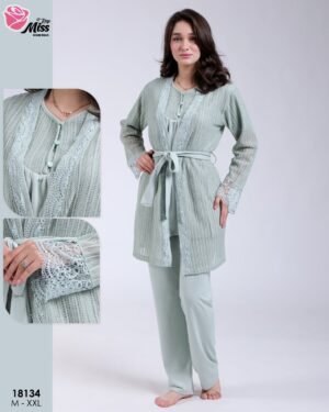 Rose Miss Ensemble pyjama et gilet dentelle 3 pièces – Réf 18134 – Vert d'eau