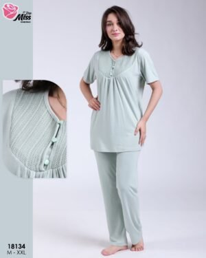Rose Miss Ensemble pyjama et gilet dentelle 3 pièces – Réf 18134 – Vert pâle