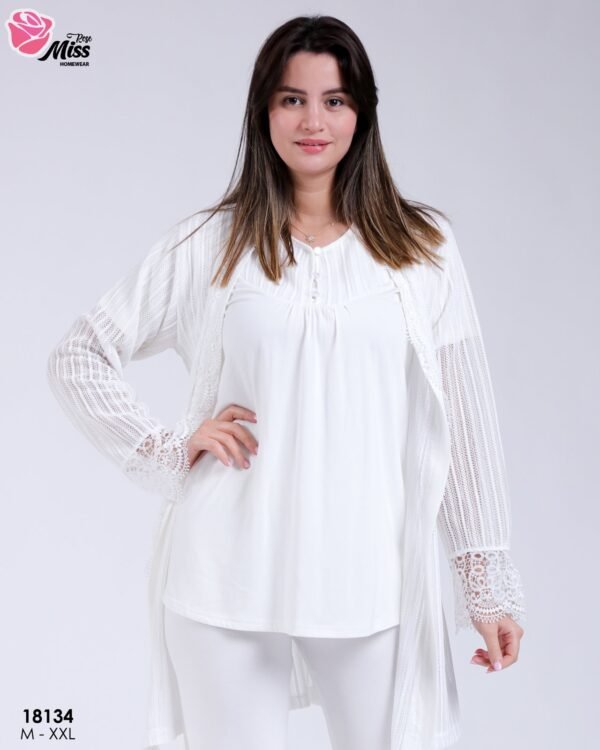 Rose Miss Ensemble pyjama et gilet dentelle 3 pièces – Réf 18134 – Blanc