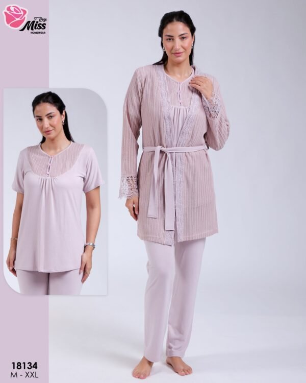 Rose Miss Ensemble pyjama et gilet dentelle 3 pièces – Réf 18134 – Mauve