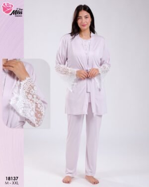 Rose Miss Ensemble pyjama et kimono dentelle 3 pièces – Réf 18137 – Lilas clair