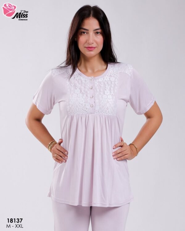 Rose Miss Ensemble pyjama et kimono dentelle 3 pièces – Réf 18137 – Mauve clair