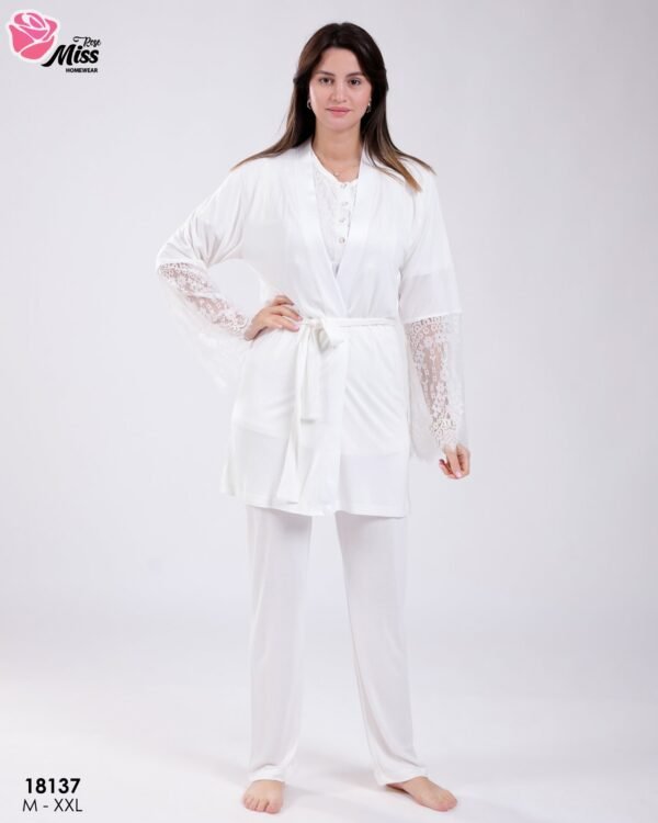 Rose Miss Ensemble pyjama et kimono dentelle 3 pièces – Réf 18137 – Blanc