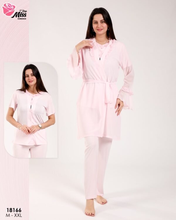 Rose Miss Ensemble pyjama et peignoir volants 3 pièces – Réf 18166 – Rose