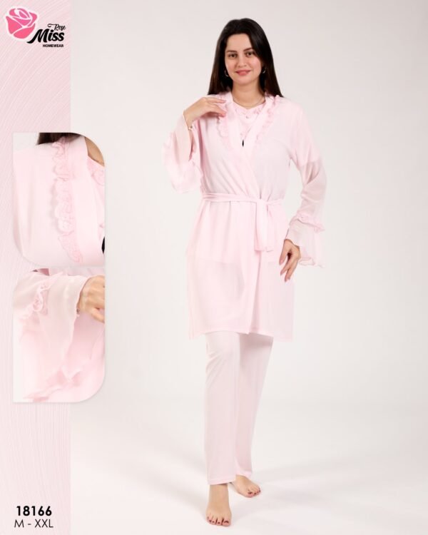 Rose Miss Ensemble pyjama et peignoir volants 3 pièces – Réf 18166 – Rose clair
