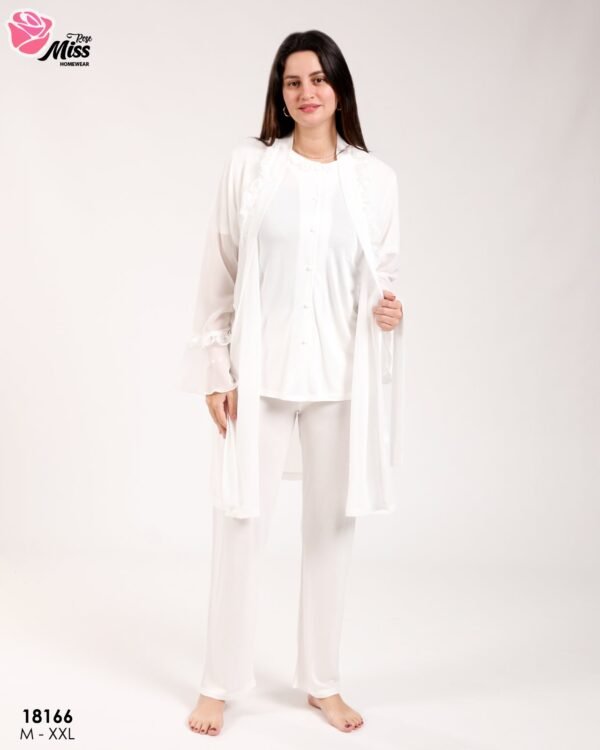 Rose Miss Ensemble pyjama et peignoir volants 3 pièces – Réf 18166 – Blanc