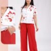 Rose Miss Ensemble chemise brodée et pantalon large – Réf 18169 – Blanc et rouge