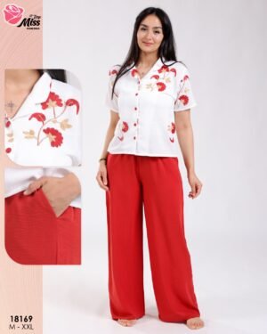 Rose Miss Ensemble chemise brodée et pantalon large – Réf 18169 – Blanc et rouge Rose Miss Ensemble chemise brodée et pantalon large – Réf 18169 – Blanc et rouge