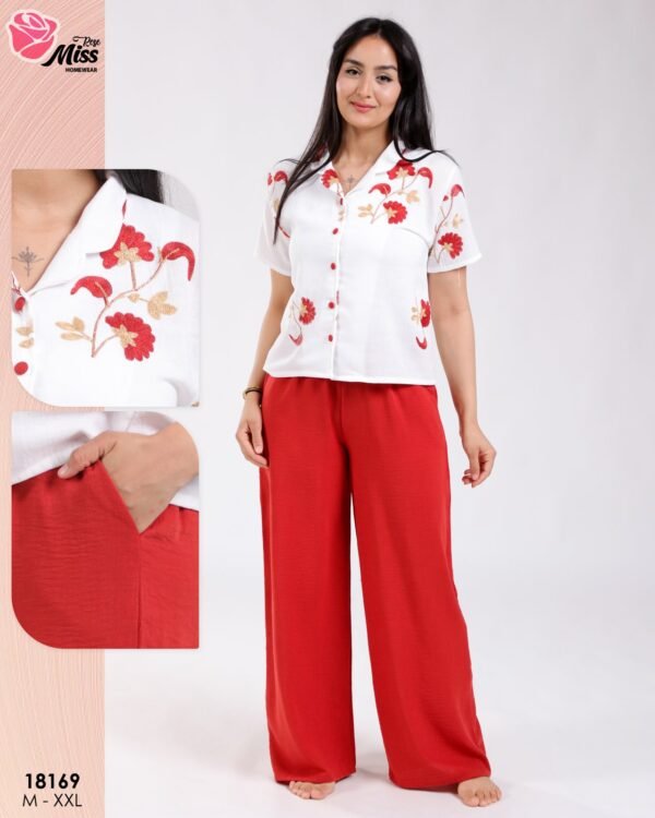 Rose Miss Ensemble chemise brodée et pantalon large – Réf 18169 – Blanc et rouge