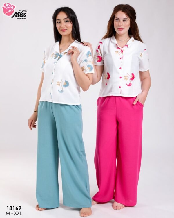 Rose Miss Ensemble chemise brodée et pantalon large – Réf 18169 – Bleu et fuchsia