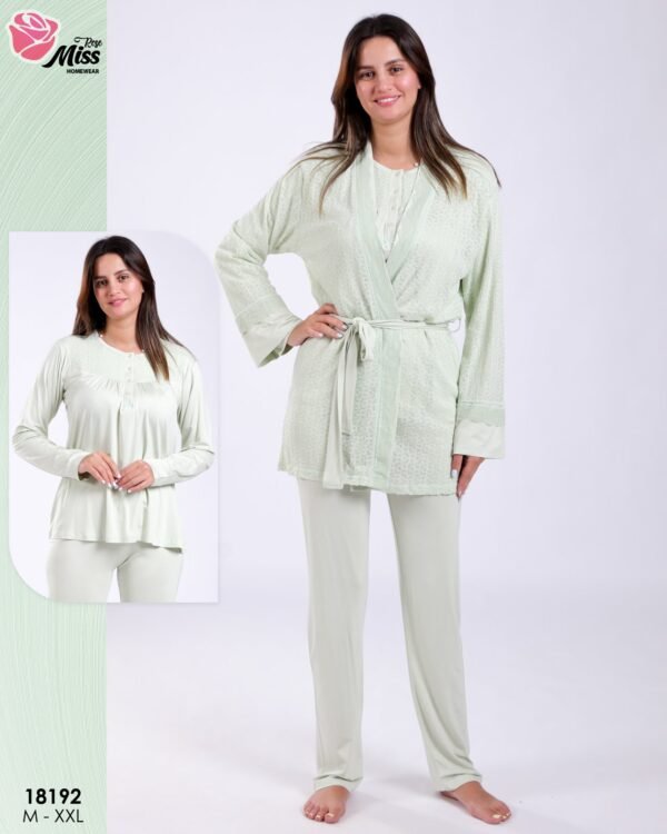 Rose Miss Ensemble pyjama et kimono 3 pièces – Réf 18192 – Vert pâle