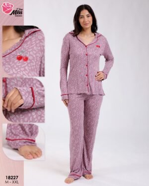 Rose Miss Pyjama chemise imprimé cerise – Réf 18227 – Mauve Rose Miss Pyjama chemise imprimé cerise – Réf 18227 – Mauve
