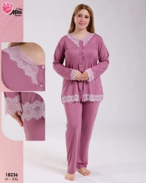 Rose Miss Pyjama boutonné dentelle – Réf 18236 – Mauve