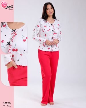 Rose Miss Pyjama imprimé cerises – Réf 18253 – Écru et rouge
