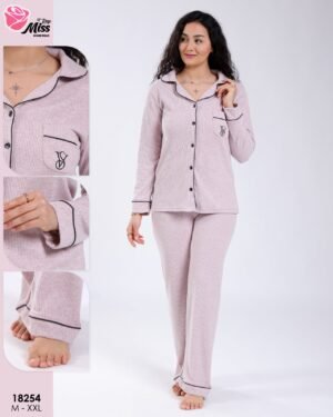 Rose Miss Pyjama chemise côtelé – Réf 18254 – Rose pâle