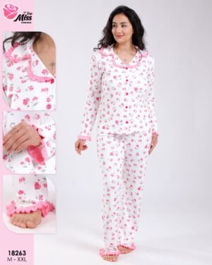 Rose Miss Pyjama chemise fleuri volants – Réf 18263 – Blanc et rose
