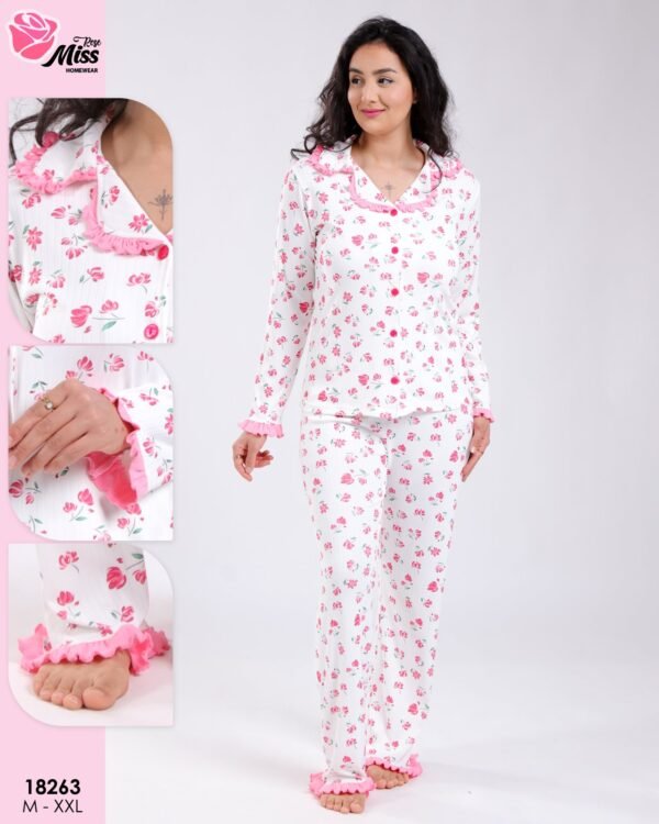 Rose Miss Pyjama chemise fleuri volants – Réf 18263 – Blanc et rose