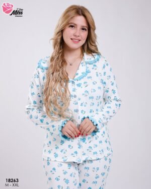 Rose Miss Pyjama chemise fleuri volants – Réf 18263 – Blanc et bleu