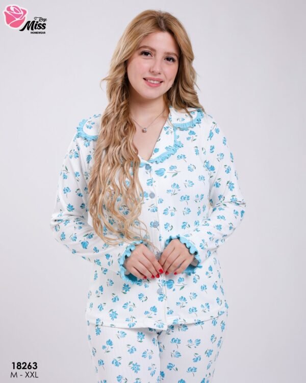 Rose Miss Pyjama chemise fleuri volants – Réf 18263 – Blanc et bleu