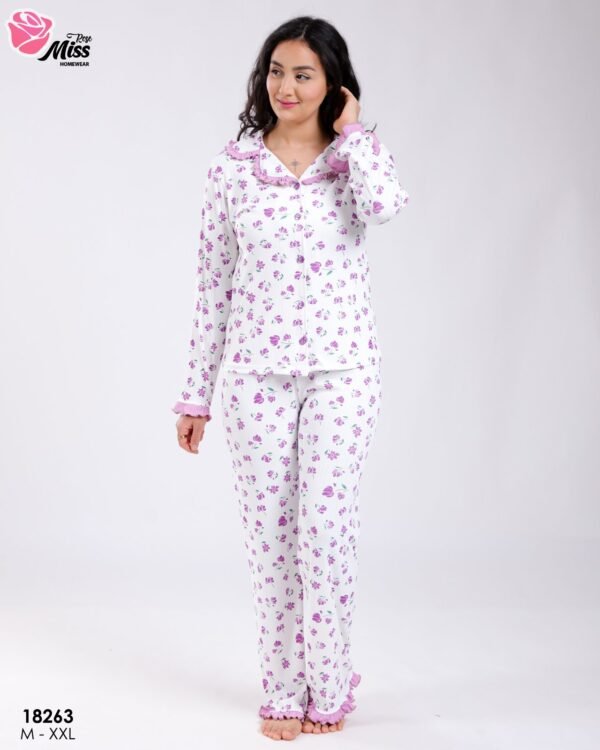 Rose Miss Pyjama chemise fleuri volants – Réf 18263 – Blanc et lilas
