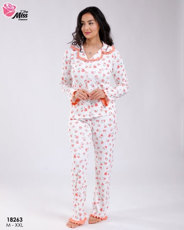Rose Miss Pyjama chemise fleuri volants – Réf 18263 – Blanc et corail