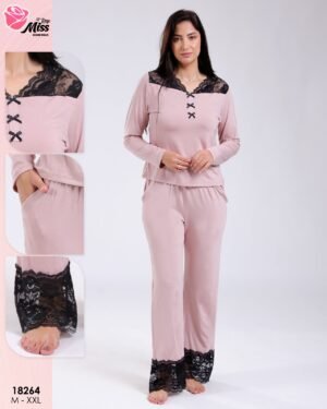 Rose Miss Pyjama dentelle noire nœuds – Réf 18264 – Vieux rose