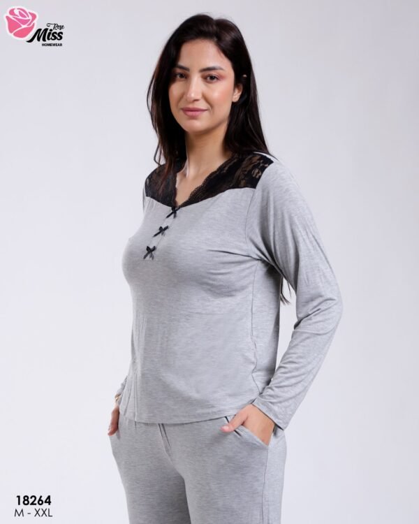 Rose Miss Pyjama dentelle noire nœuds – Réf 18264 – Gris