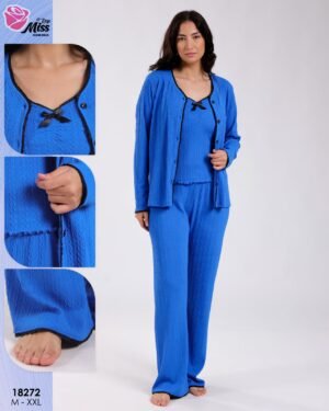 Rose Miss Pyjama 3 pièces torsadé avec gilet – Réf 18272 – Bleu roi