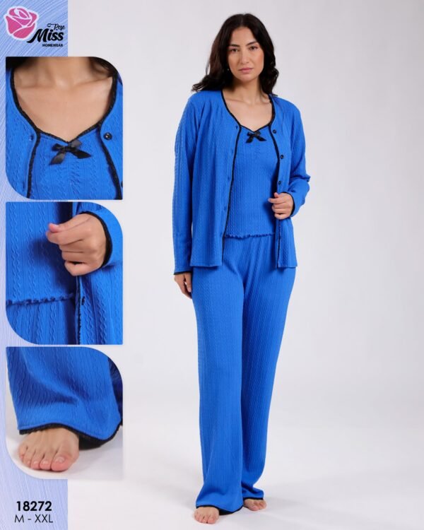Rose Miss Pyjama 3 pièces torsadé avec gilet – Réf 18272 – Bleu roi