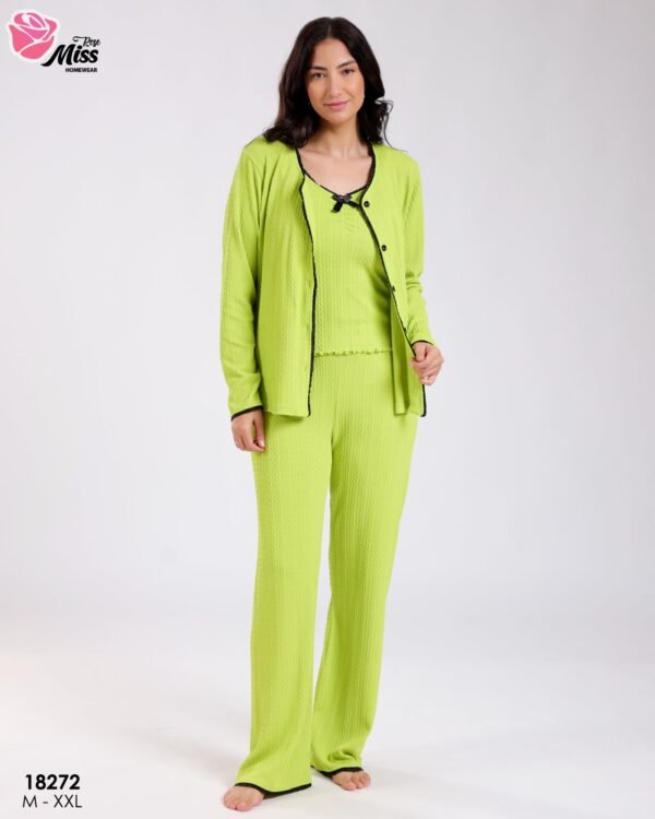 Rose Miss Pyjama 3 pièces torsadé avec gilet – Réf 18272 – Vert anis